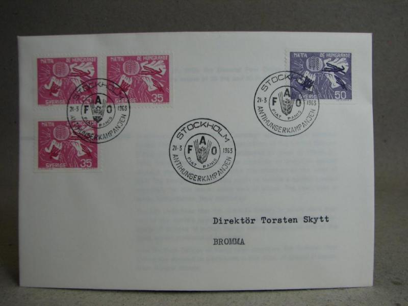 FDC   21/3 1963 Antihungerkampanjen  / Fina stämplar på 4 Frimärken