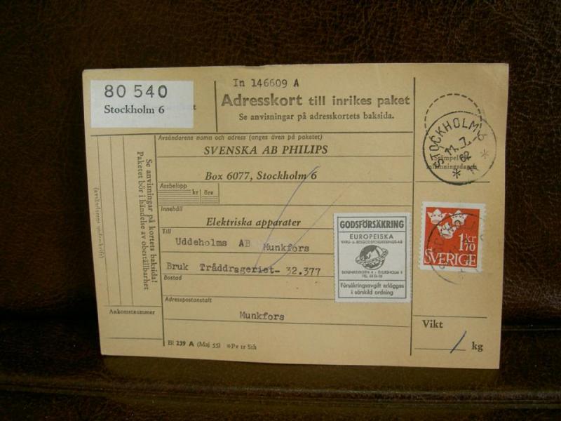 Godsförsäkring + Paketavi med stämplade frimärken - 1962 - Stockholm 6 till Munkfors