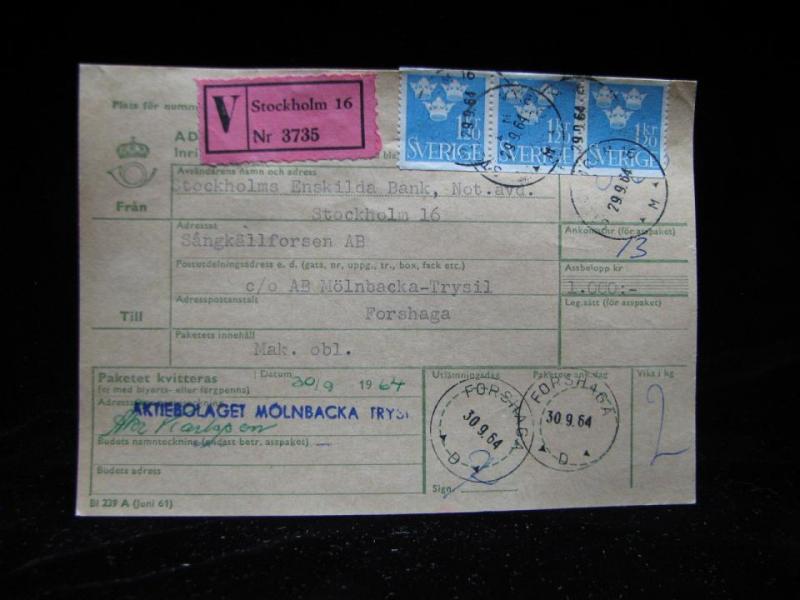 Adresskort med stämplade frimärken - 1964 - Stockholm till Forshaga