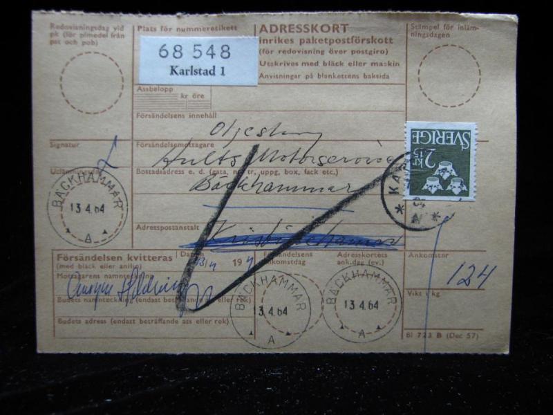 Adresskort med stämplat frimärke - 1964 - Karlstad till Bäckhammar