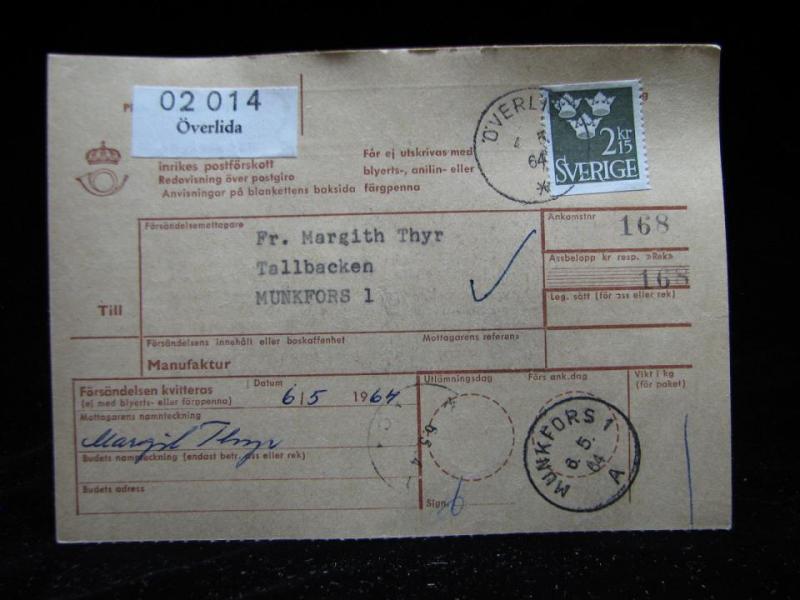 Adresskort med stämplat frimärke - 1964 - Överlida till Munkfors