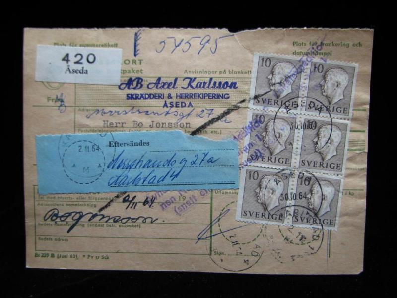 Adresskort med stämplade frimärken - 1964 - Åseda till Karlstad