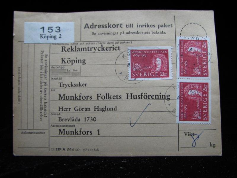 Adresskort med stämplade frimärken - 1964 - Köping till Munkfors