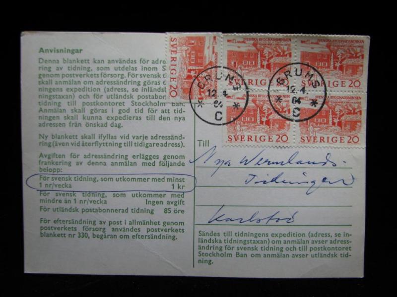 Adressändringskort med stämplade frimärken Grums- 1964 