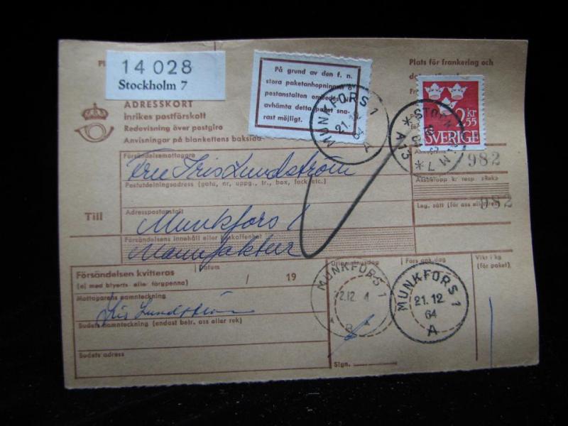 Adresskort med stämplat frimärke - 1964 - Stockholm till Munkfors