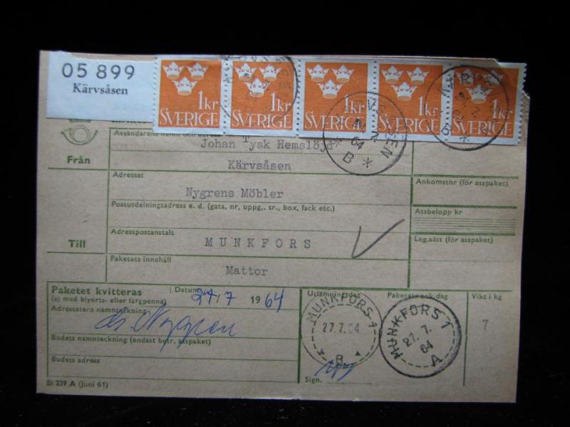 Adresskort med stämplade frimärken - 1964 - Kärvåsen till Munkfors