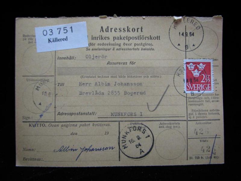 Adresskort med stämplat frimärke - 1964 - Kållered till Munkfors