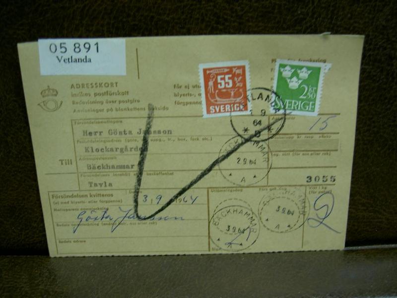Paketavi med stämplade frimärken - 1964 - Vetlanda till Bäckhammar