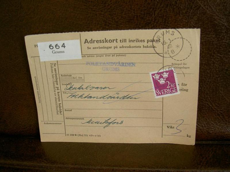 Paketavi med stämplade frimärken - 1962 - Grums till Munkfors
