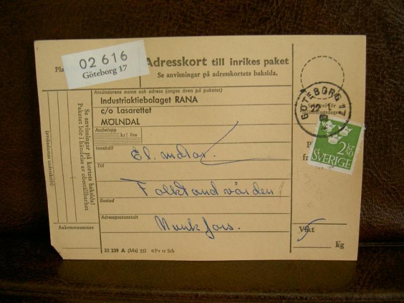 Paketavi med stämplade frimärken - 1962 - Göteborg 17 till Munkfors