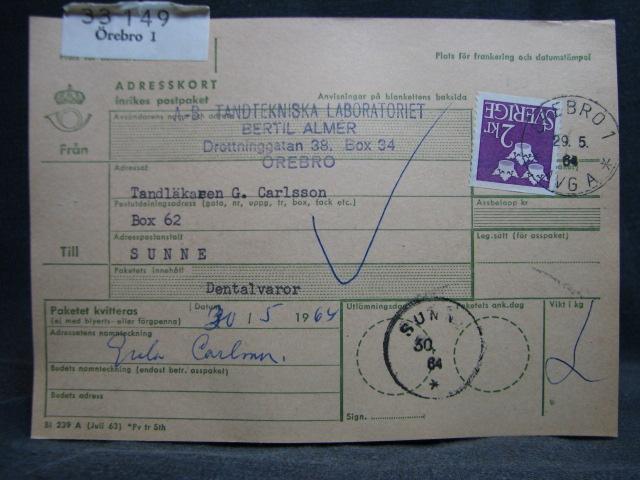 Adresskort med stämplade frimärken - 1964 - Örebro 1 till Sunne
