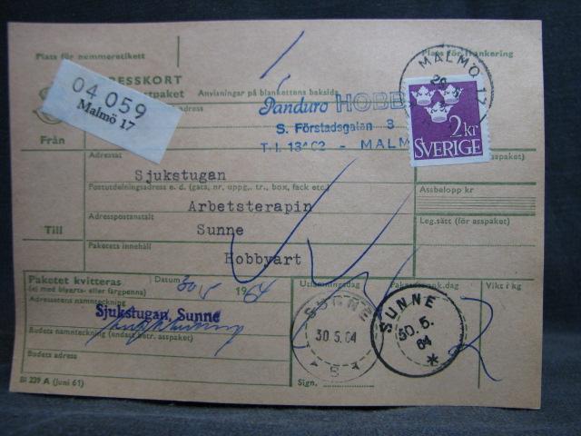 Adresskort med stämplade frimärken - 1964 - Malmö 17 till Sunne