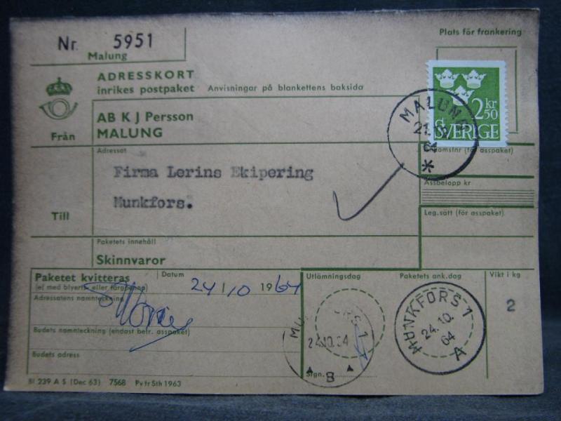 Adresskort med stämplade frimärken - 1964 - Malung till Munkfors