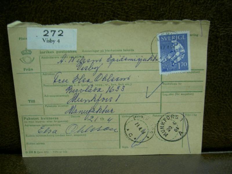 Paketavi med stämplade frimärken - 1964 - Visby 4 till Munkfors 1