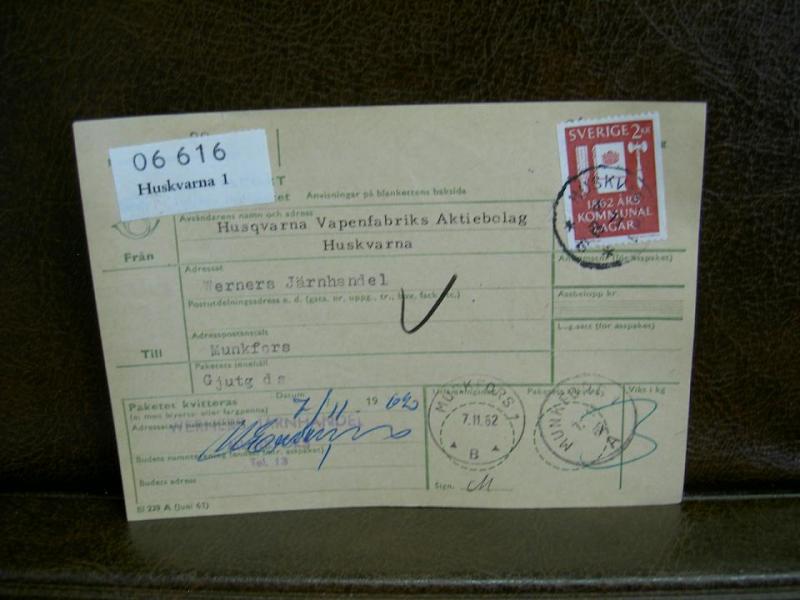 Paketavi med stämplade frimärken - 1962 - Huskvarna 1 till Munkfors