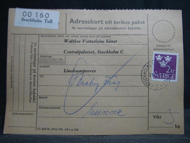 Adresskort med stämplade frimärken - 1964 - Stockholm Tull till Sunne