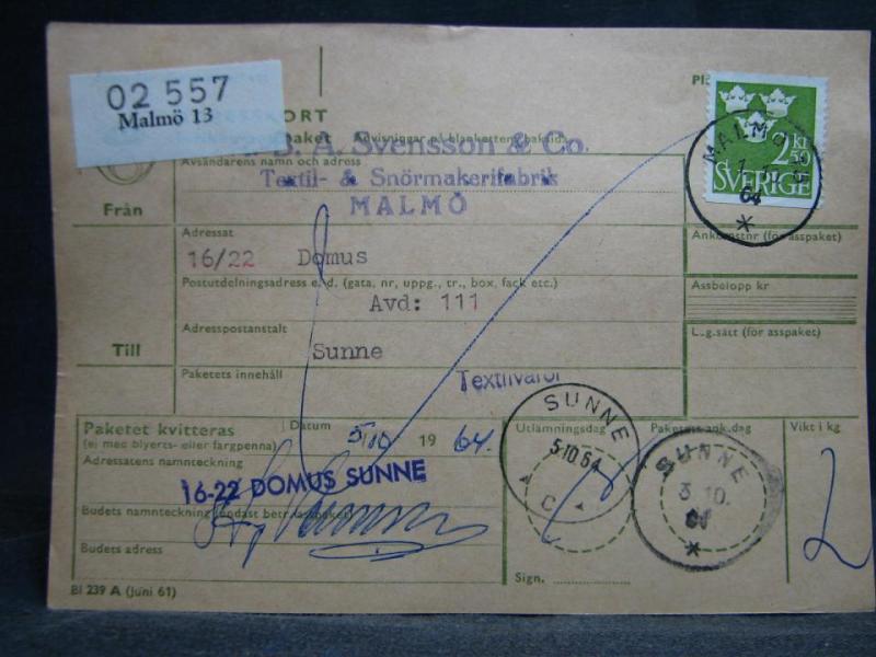 Adresskort med stämplade frimärken - 1964 - Malmö till Sunne