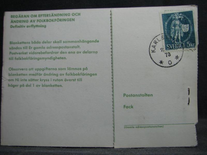 Adressndringskort med stämplade frimärken - 1973 - Karlstad