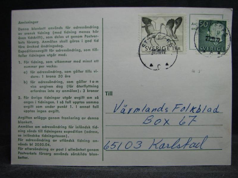 Adressndringskort med stämplade frimärken - 1972 - Storfors