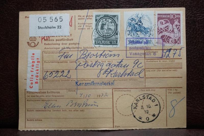 Poststämplat  adresskort med 13 frimärken 1972 - Stockholm 22 - Karlstad