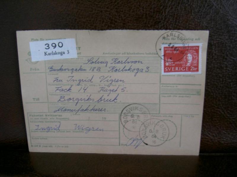 Paketavi med stämplade frimärken - 1964 - Karlskoga 3 till Borgviksbruk