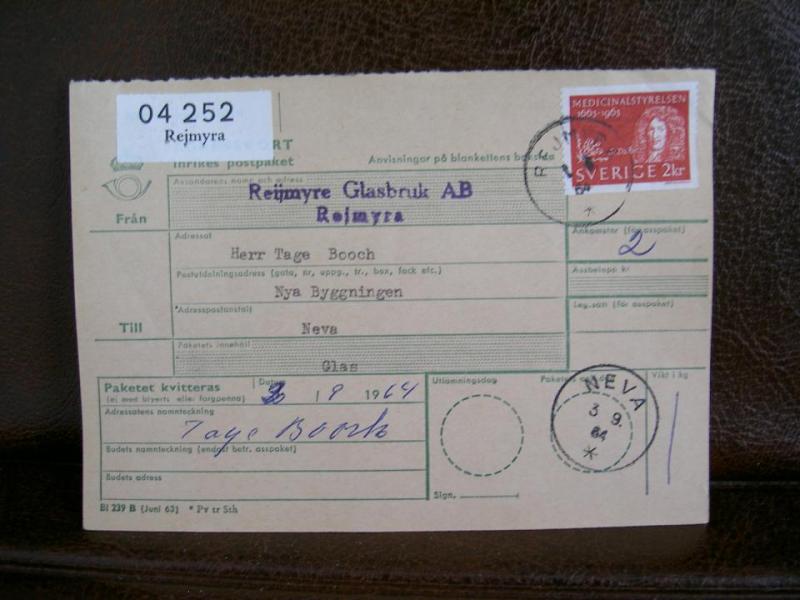 Paketavi med stämplade frimärken - 1964 - Rejmyra till Neva