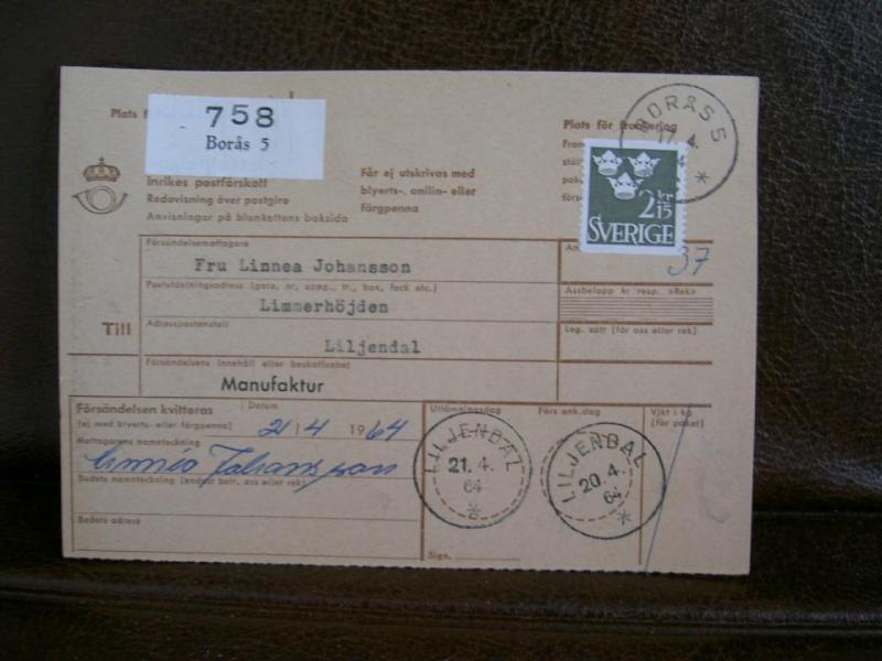 Paketavi med stämplade frimärken - 1964 - Borås 5 till Liljendal