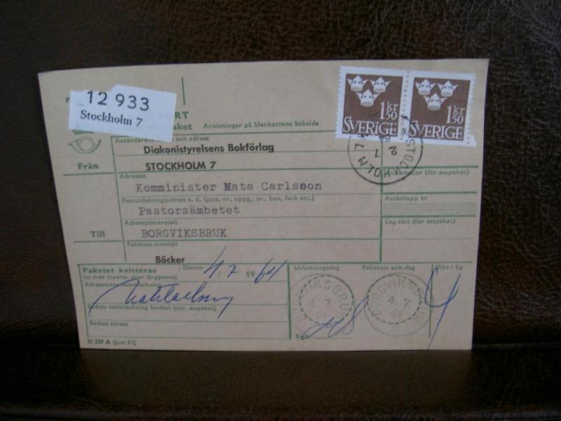 Paketavi med stämplade frimärken - 1964 - Stockholm 7 till Borgviksbruk