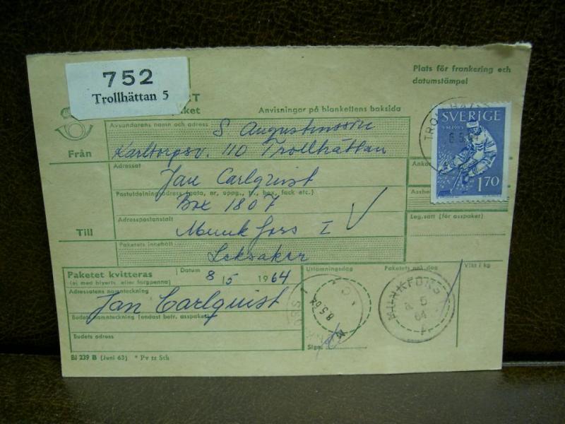 Paketavi med stämplade frimärken - 1964 - Trollhättan 5 till Munkfors 1