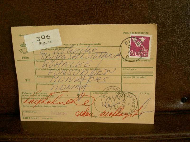 Paketavi med stämplade frimärken - 1962 - Sigtuna till Munkfors