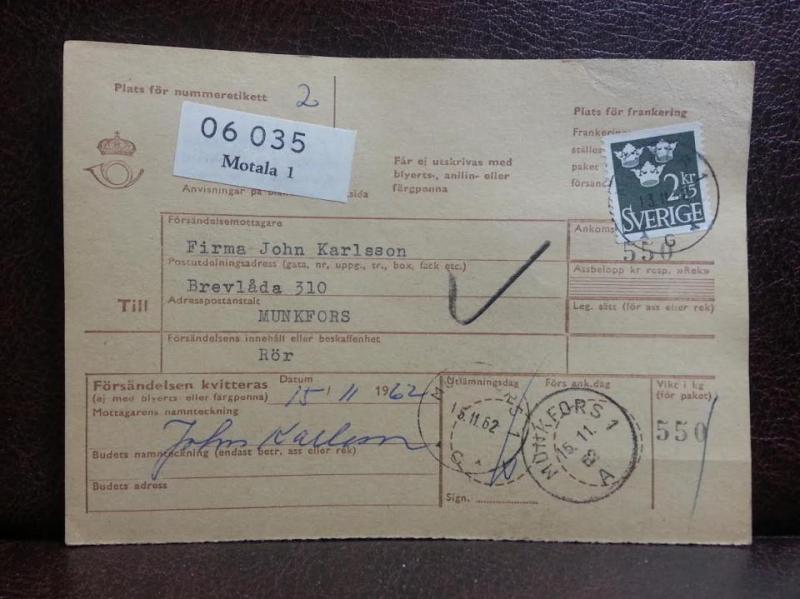 Frimärken  på adresskort - stämplat 1962 - Motala 1 - Munkfors 