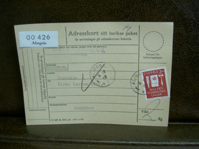 Paketavi med stämplade frimärken - 1962 - Alingsås till Munkfors