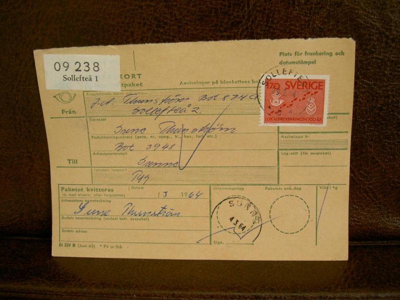 Paketavi med stämplade frimärken - 1964 - Sollefteå 1 till Sunne