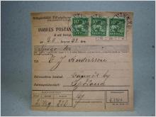 Försändelse med stämplat frimärke - Vännäs 23/2 1934 samt Spöland 28/2 1924 på baksidan