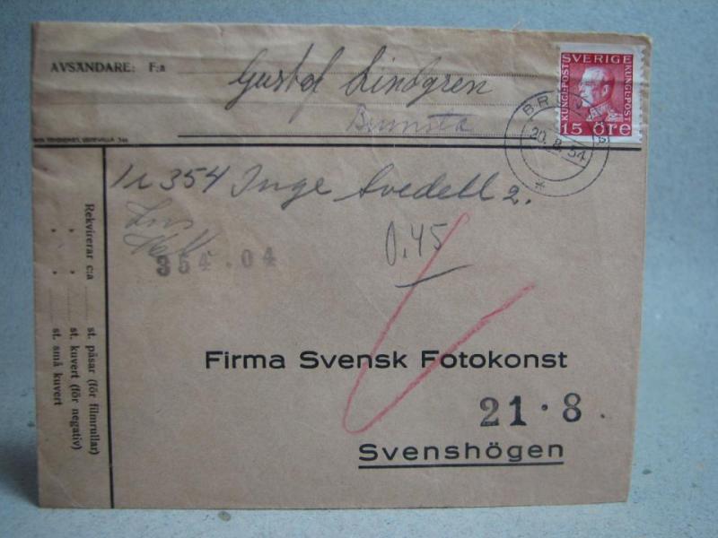 Försändelse med stämplat frimärke - Brunsta 20/8 1934