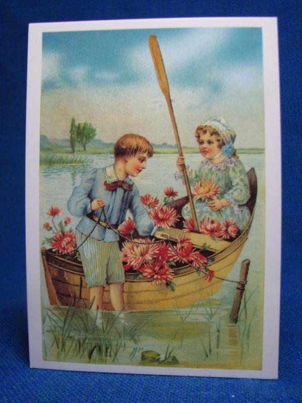 Tecknat Vykort - Pojke och flicka ska åka båt