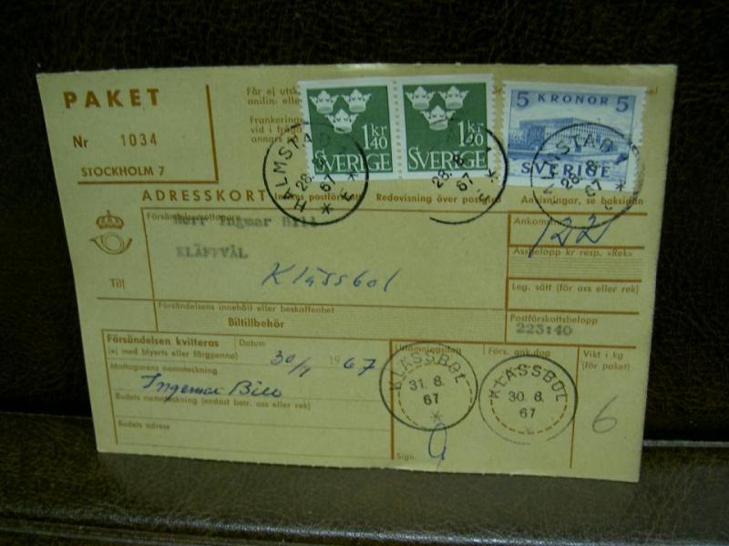 Paketavi med stämplade frimärken - 1967 - Halmstad 1 till Klässbol