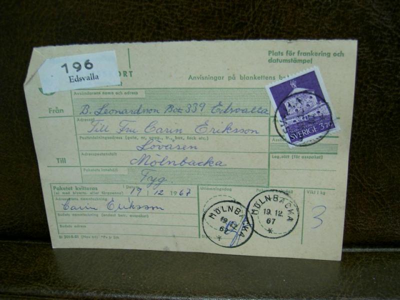 Paketavi med stämplade frimärken - 1967 - Edsvalla till Mölnbacka