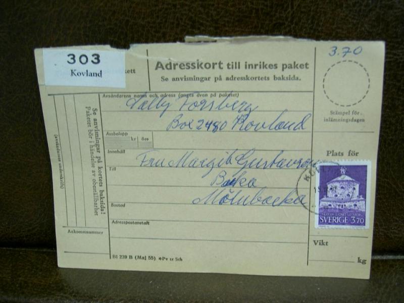 Paketavi med stämplade frimärken - 1967 - Kovland till Mölnbacka