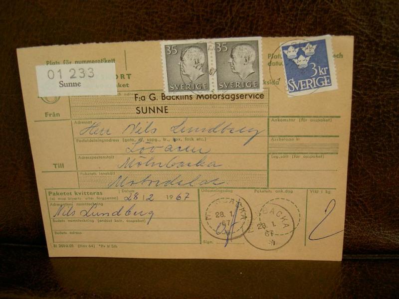 Paketavi med stämplade frimärken - 1967 - Sunne till Mölnbacka