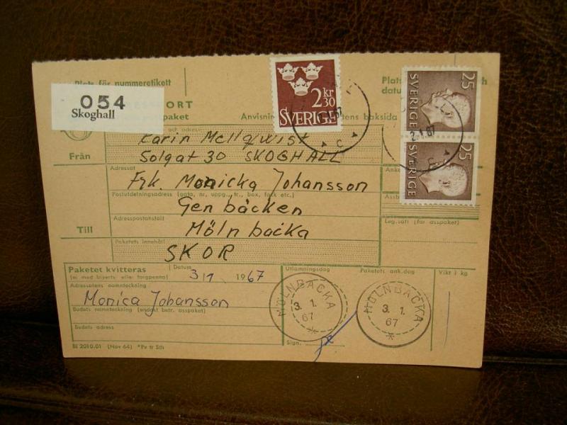 Paketavi med stämplade frimärken - 1967 - Skoghall till Mölnbacka