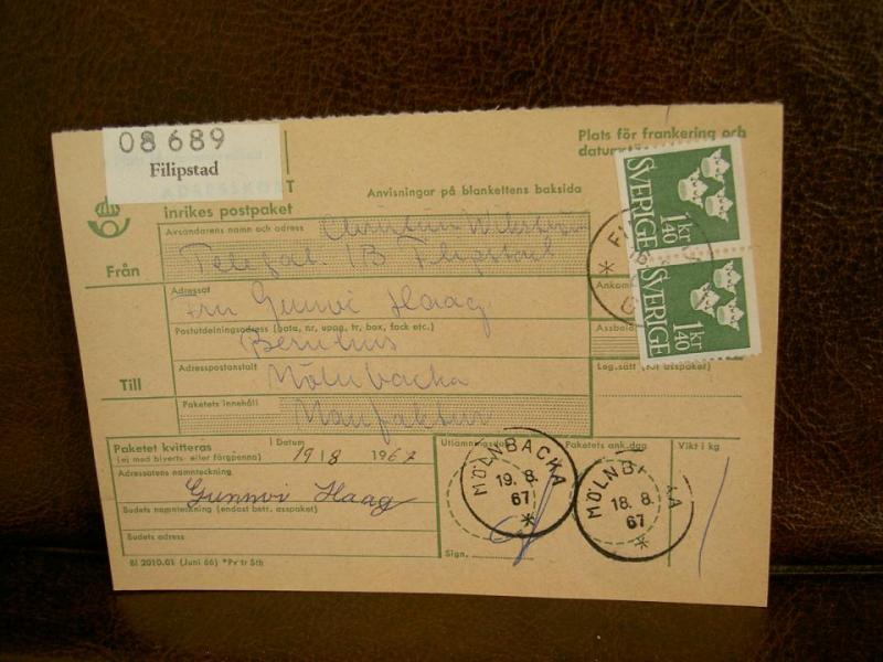 Paketavi med stämplade frimärken - 1967 - Filipstad till Mölnbacka