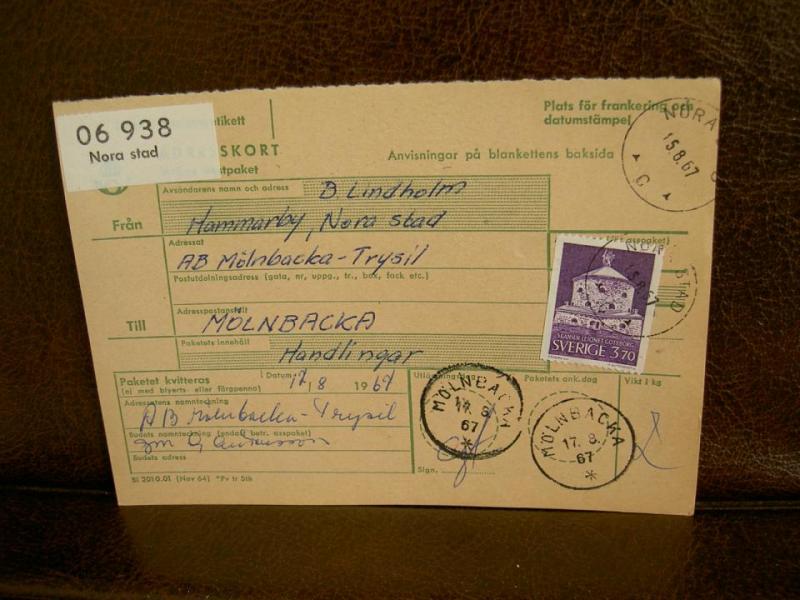 Paketavi med stämplade frimärken - 1967 - Nora stad till Mölnbacka