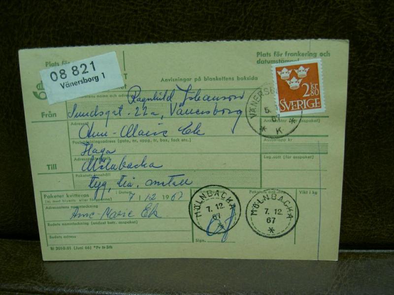 Paketavi med stämplade frimärken - 1967 - Vänersborg 1 till Mölnbacka