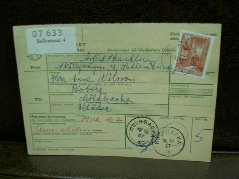 Paketavi med stämplade frimärken - 1967 - Sollentuna 4 till Mölnbacka