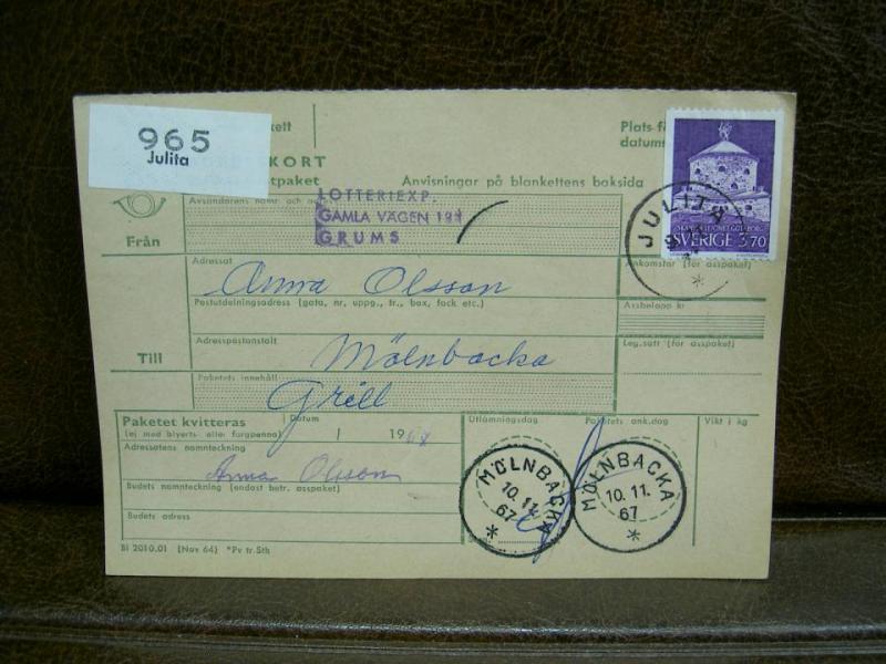 Paketavi med stämplade frimärken - 1967 - Julita till Mölnbacka