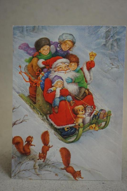 Vykort - Julkort med Tomte och barn i kälke - ekorre