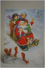 Vykort - Julkort med Tomte och barn i kälke - ekorre