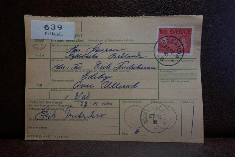 Frimärke på adresskort - stämplat 1963 - Brålanda  - Övre Ullerud