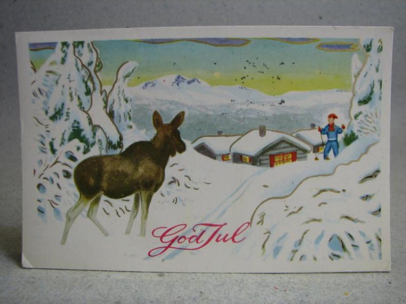 Vykort - Julkort - Älg möter skidåkare 1970